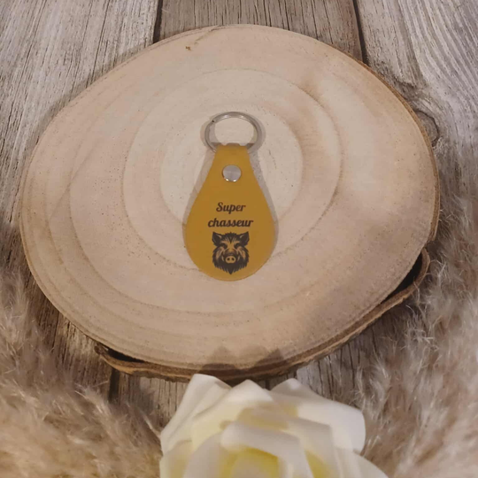 Porte clef goutte simili cuir personnalisé - Modèle tête de sanglier