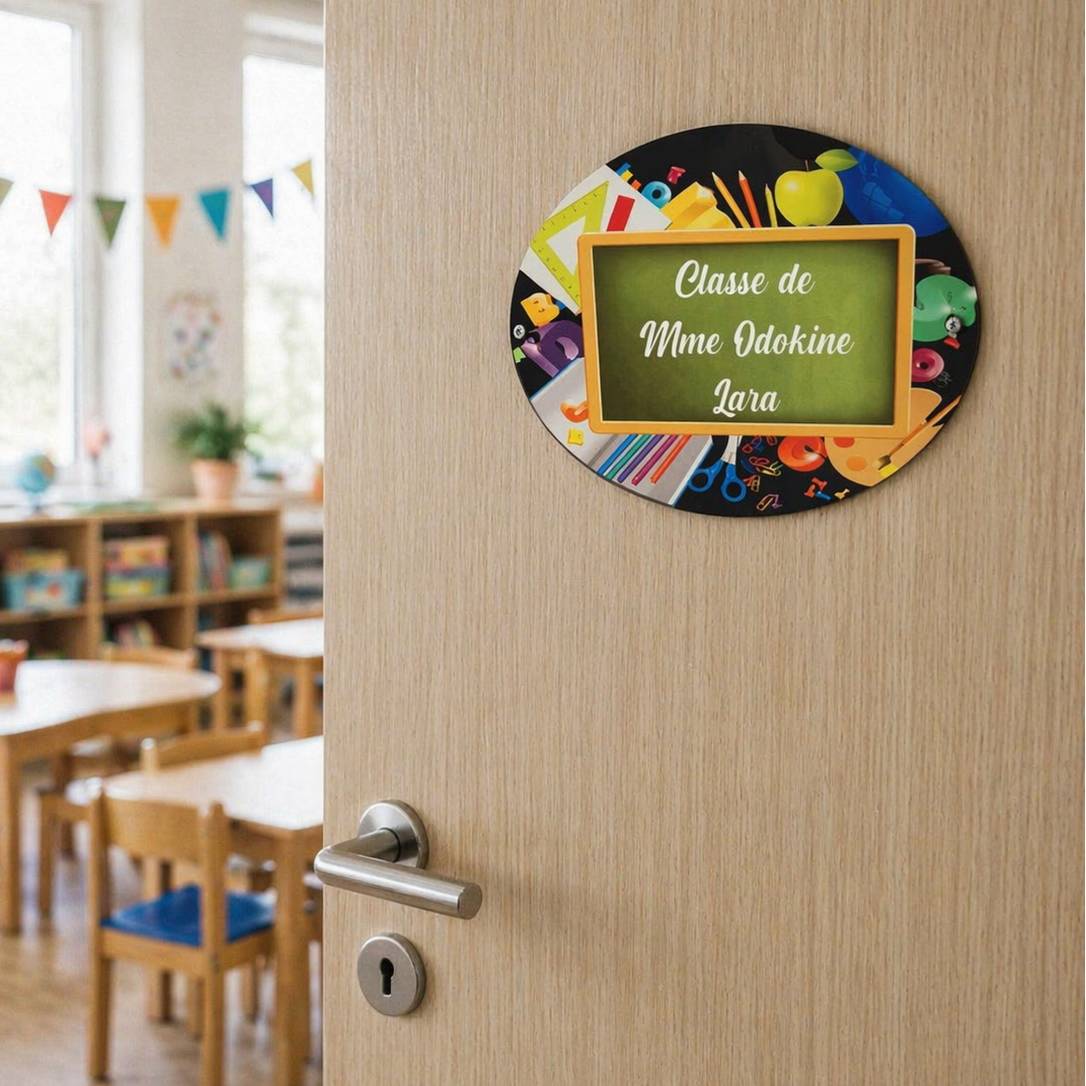 Plaque de porte personnalisée - Modèle motif école avec fond noir