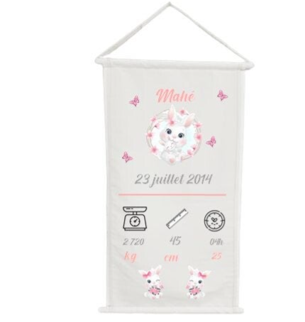 Panneau murale textile personnalisé - Modèle lapin + papillon + éléments de naissance (horloge, balance et poids)