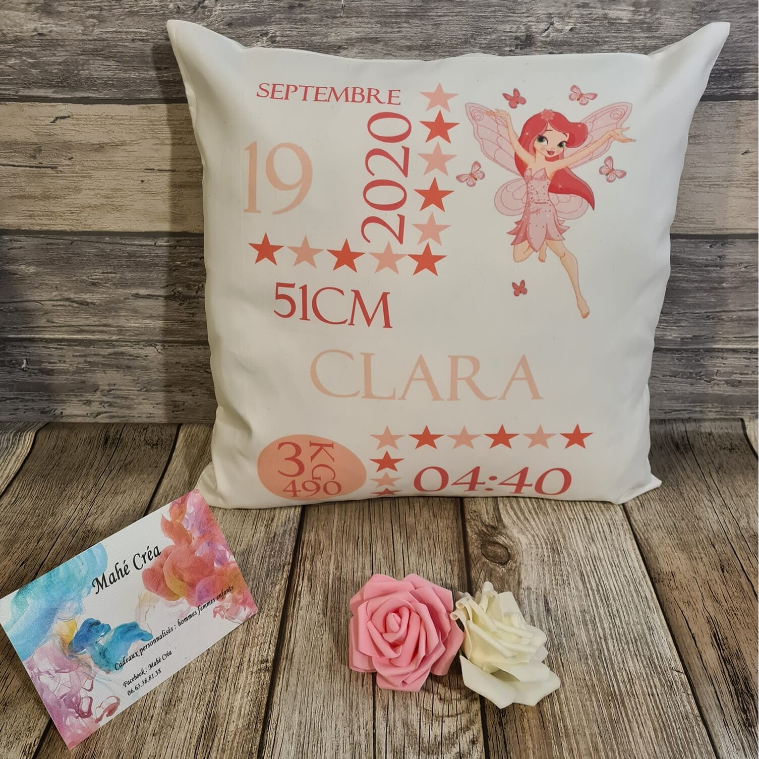 Coussin de naissance personnalisé - Modèle fée