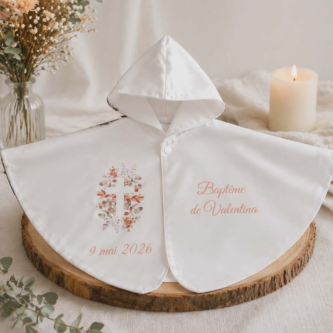 Cape de baptême personnalisée - Modèle croix avec feuillage rose 2