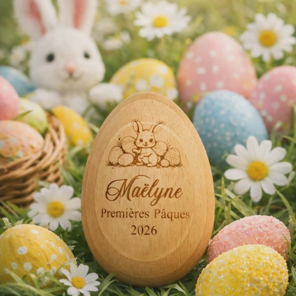 Oeuf en bois personnalisé - Modèle lapin avec oeufs de Pâques
