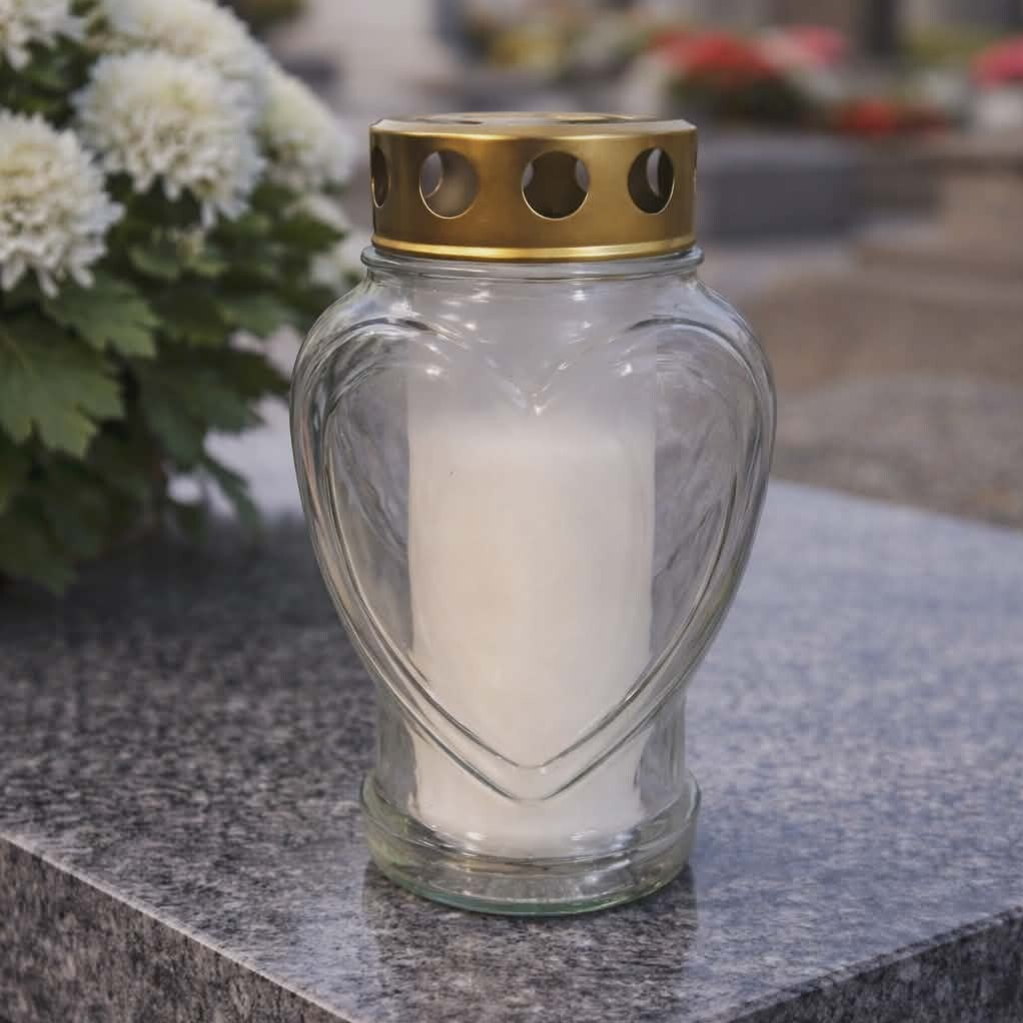 Bougie funéraire en verre en forme de cœur - Modèle 100% personnalisable selon vos souhaits