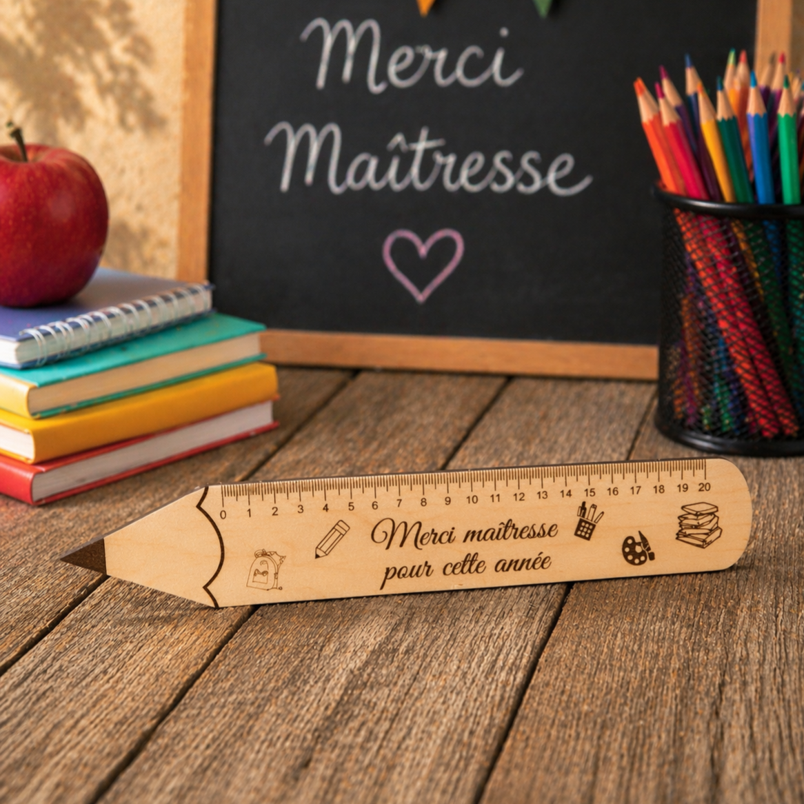 Règle crayon en bois personnalisée - Modèle motif école