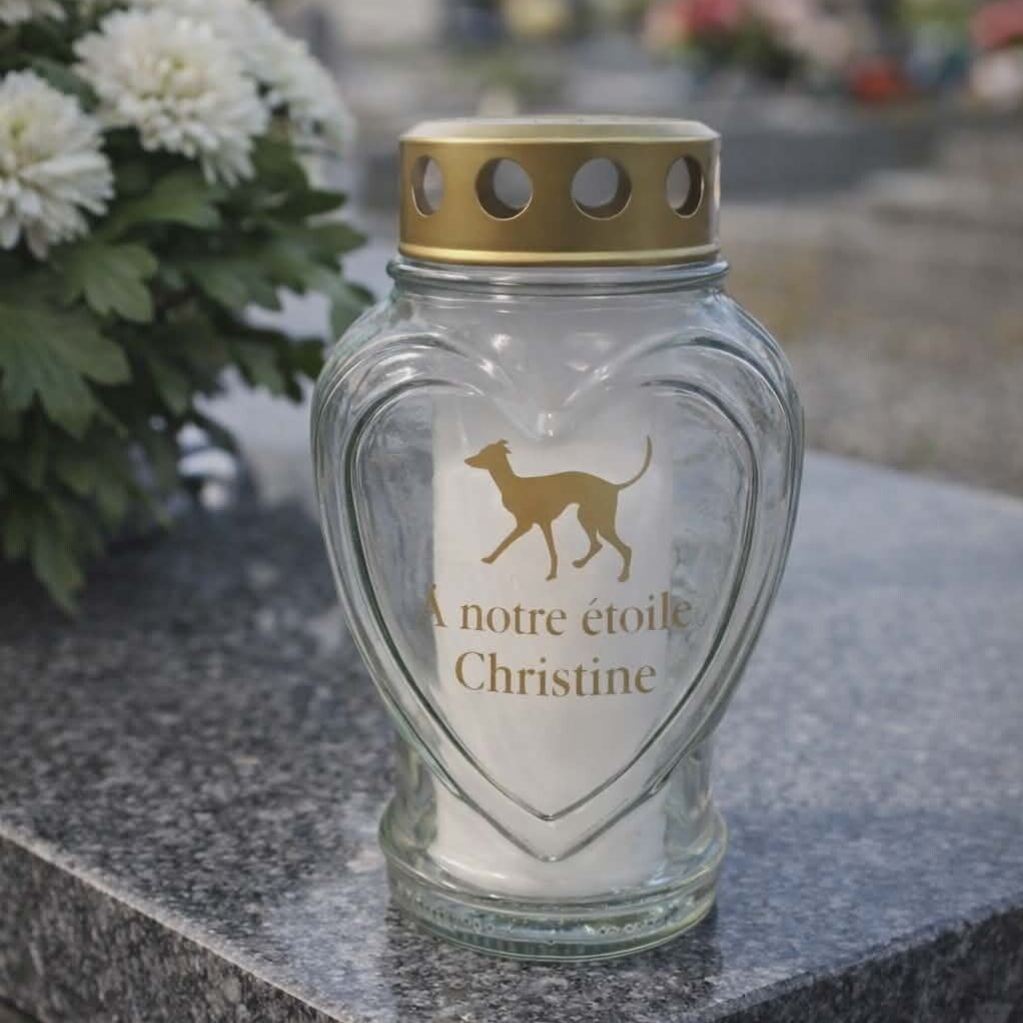 Bougie funéraire en verre en forme de cœur - Modèle lévrier