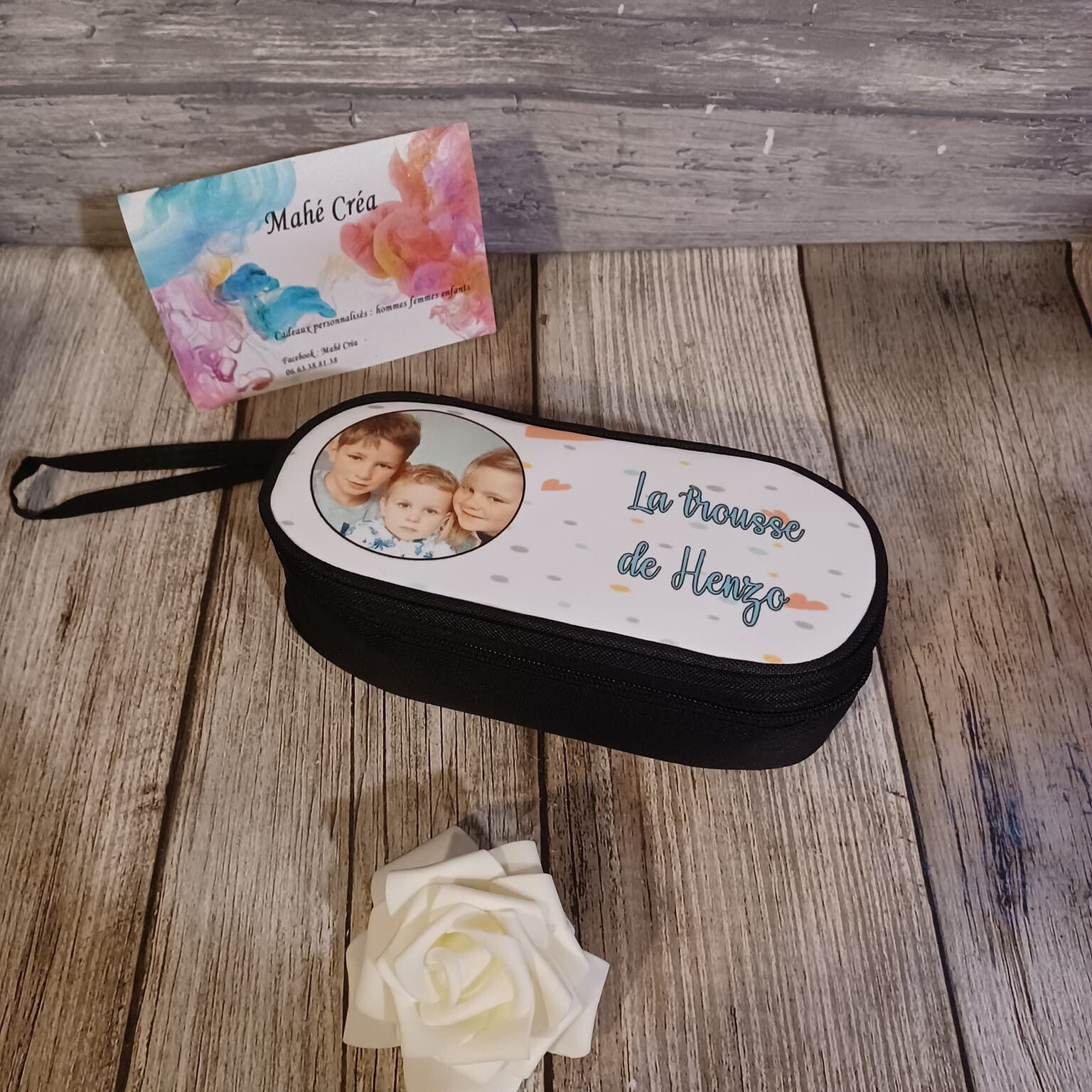 Trousse à crayons personnalisée - Modèle fond blanc petit coeur + photo