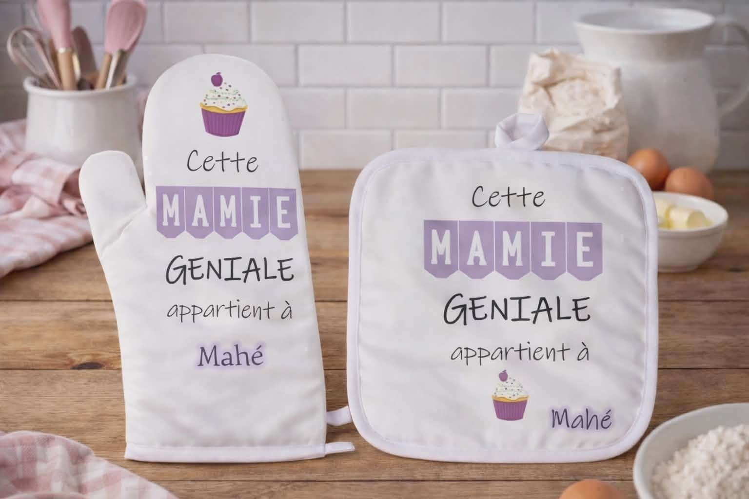 Lot de manique personnalisé - Modèle cupcake et fanion