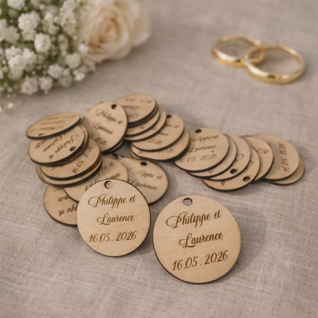 Etiquette ronde en bois personnalisée - Modèle 100% personnalisable selon vos souhaits