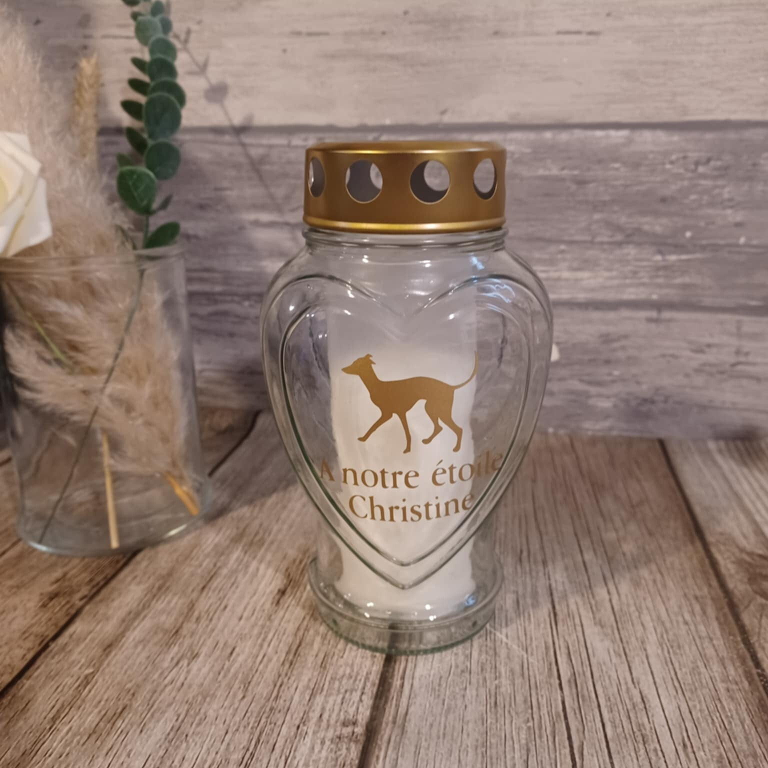 Bougie funéraire en verre en forme de cœur - Modèle lévrier