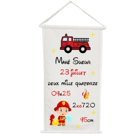 Panneau murale textile personnalisé - Modèle camion + pompier + feu + étoile