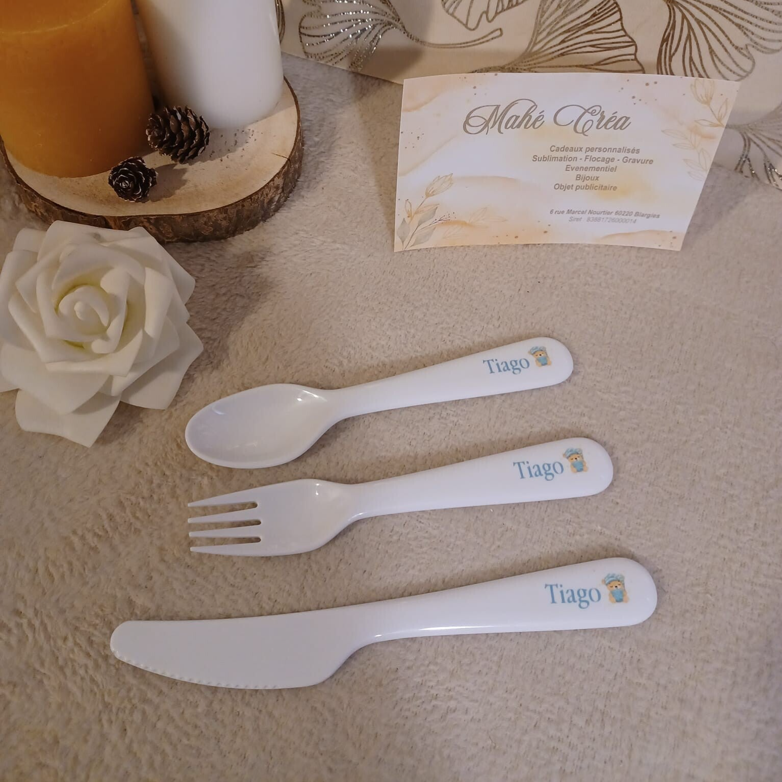 Lot de couverts personnalisés - Modèle ourson bleu