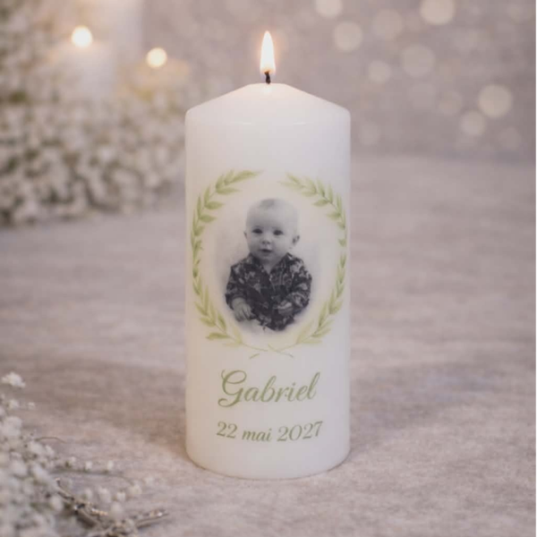 Bougie personnalisée - Modèle couronne laurier avec photo