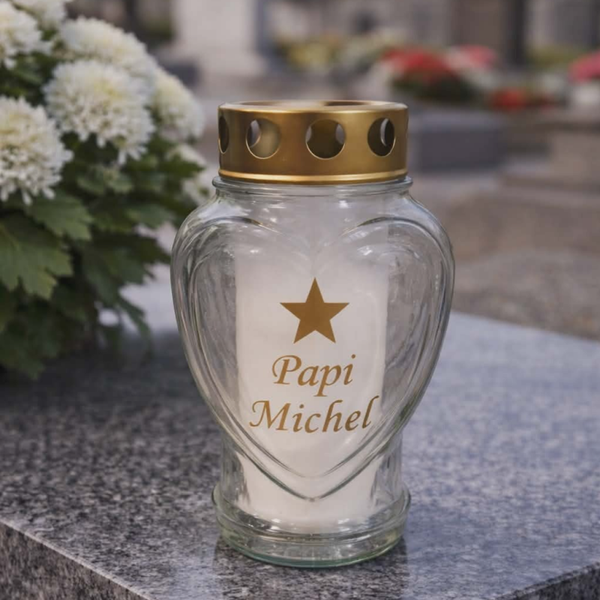 Bougie funéraire en verre en forme de cœur - Modèle étoile
