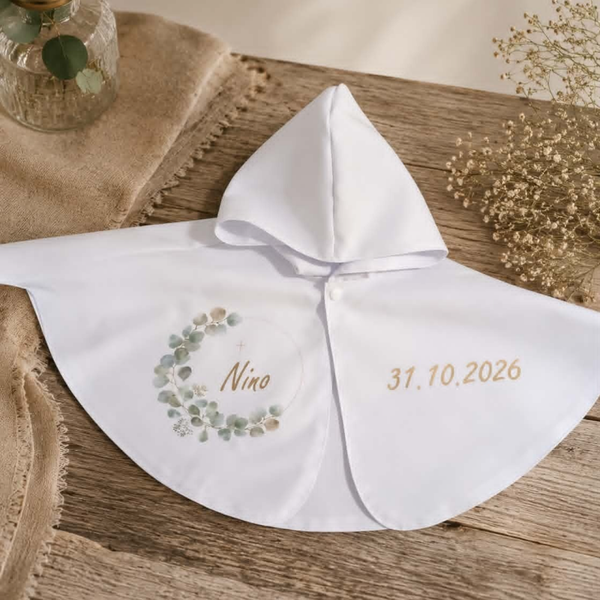 Cape de baptême personnalisée - Modèle couronne eucalyptus avec croix