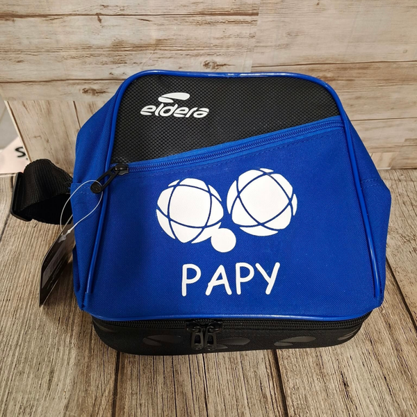 Sacoche de pétanque Eldera personnalisée - Modèle 2 boules avec cochonnet écrit "PAPY"