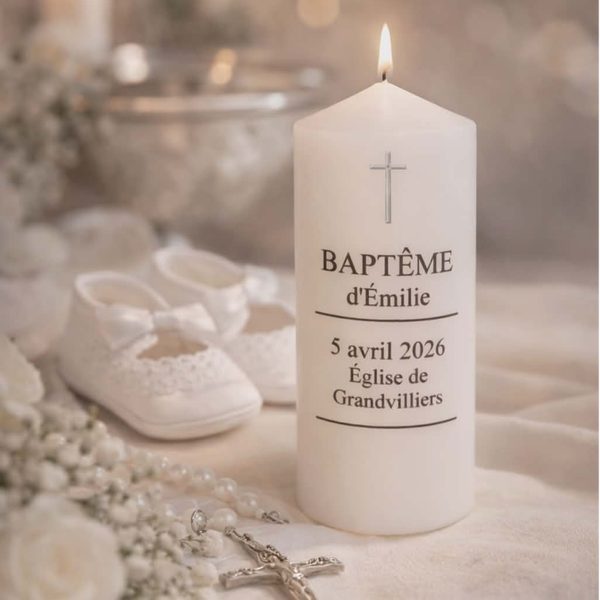 Bougie personnalisée - Baptême ou communion - Modèle croix sobre