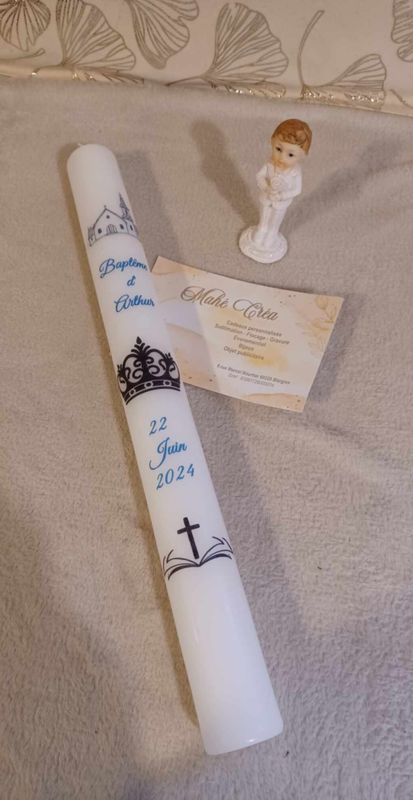 Cierge personnalisé - Modèle église , couronne prince et bible avec croix