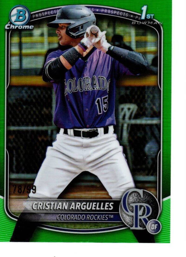 Bowman Chrome 2025 Prospects True Green 78/99 #BCP-220 Cristian Arguelles, Colorado Rockies