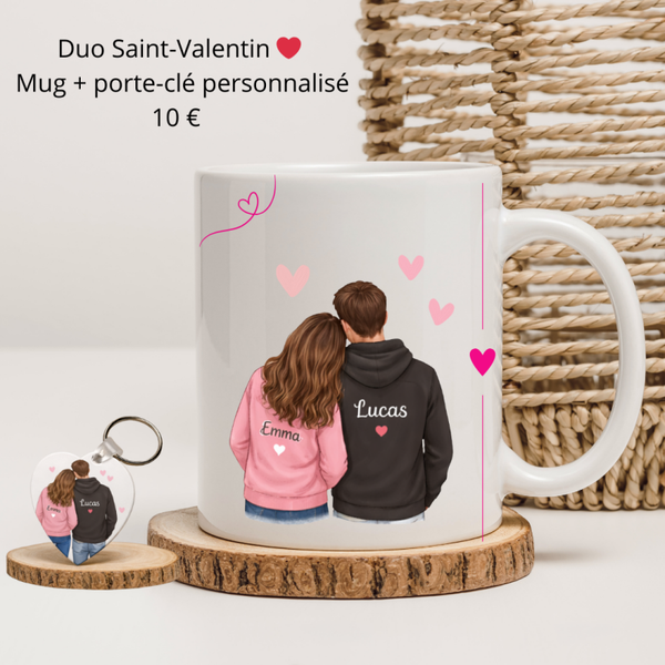 Duo personnalisé Saint-Valentin – Mug + porte-clé