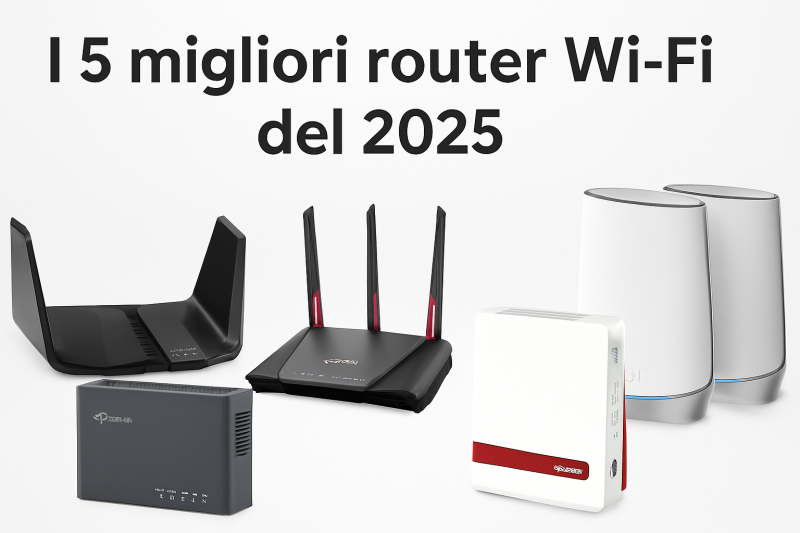 I 5 migliori router Wi‑Fi del 2025: NETGEAR Nighthawk RAX70, TP‑Link Archer VX1810v, ASUS RT‑AXE7800, AVM FRITZ!Box 7530 e NETGEAR Orbi RBK853 disposti su sfondo bianco con scritta in alto