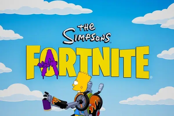 Logo crossover tra The Simpsons e Fortnite su sfondo azzurro con nuvole; Bart Simpson con braccio robotico dipinge la lettera "A" nel logo Fortnite con una bomboletta spray viola.