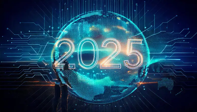 Illustrazione futuristica con elementi di intelligenza artificiale, circuiti digitali e icone tecnologiche, rappresentante i trend globali del 2025 in innovazione e connettività.