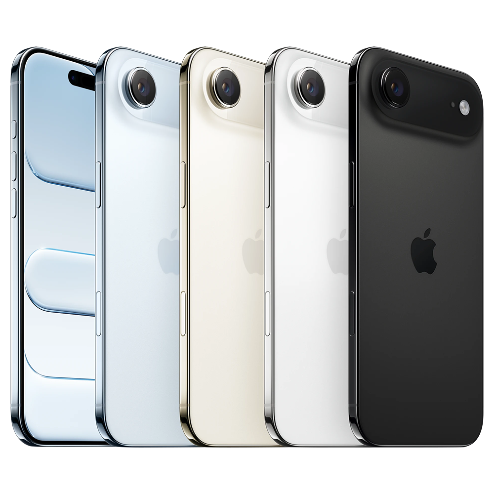Nuovo Apple iPhone Air 2025 in quattro colori diversi, con design ultrasottile, fotocamera posteriore singola e bordi arrotondati, disposti in vista frontale e posteriore.