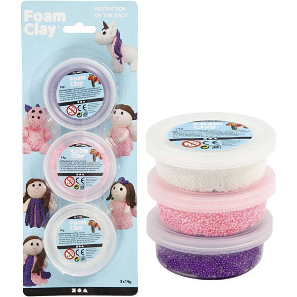 Foam Clay® Sets 3x14gr, wit-paars-roze, metallic en glitter