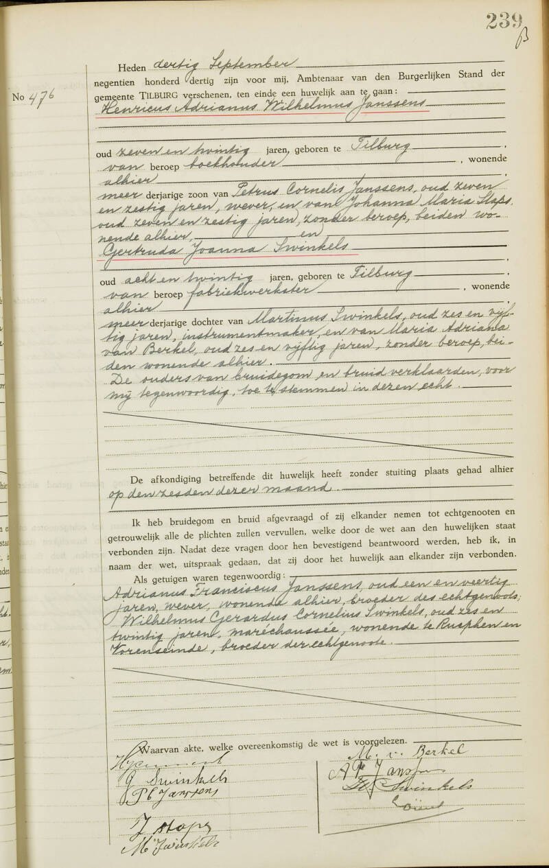 Huwelijksakte Janssens - Swinkels