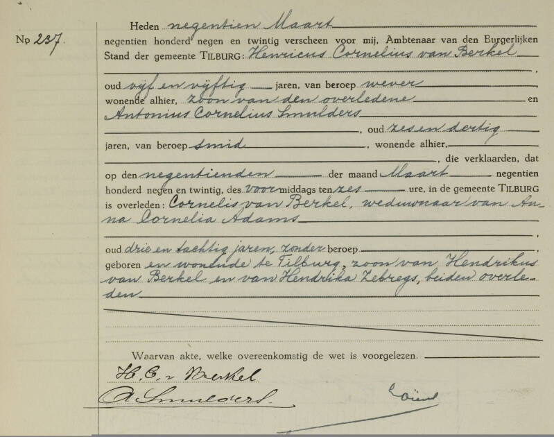 Overlijdensakte cornelis van Berkel