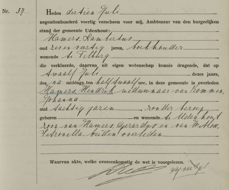 Overlijdensakte Hendrik Hamers