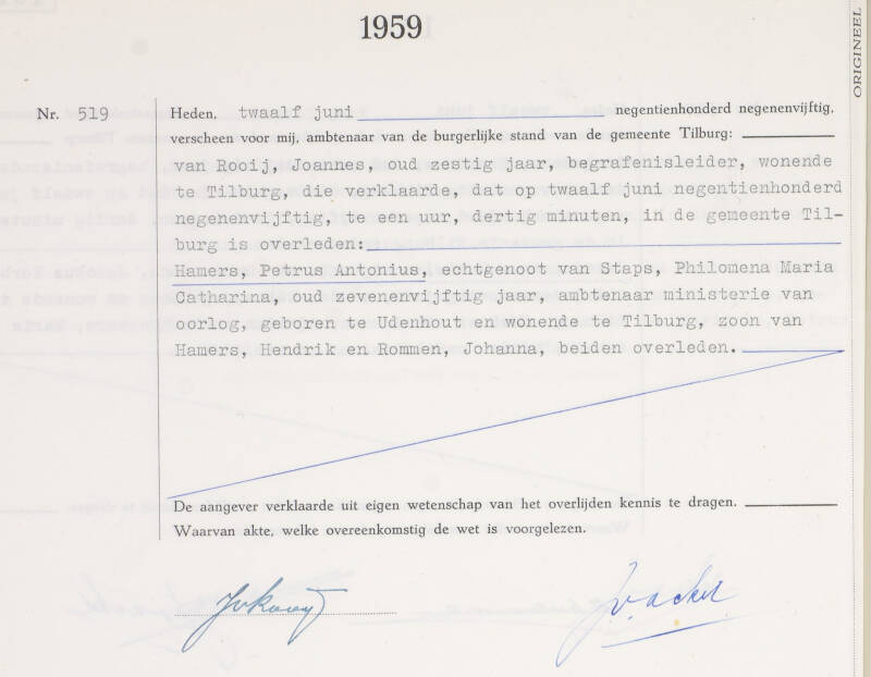 Overlijdensakte PA Hamers