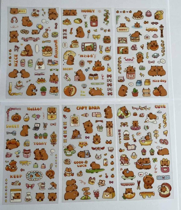Kawaii Capybara Stickers 6 vellen (voor de kids)