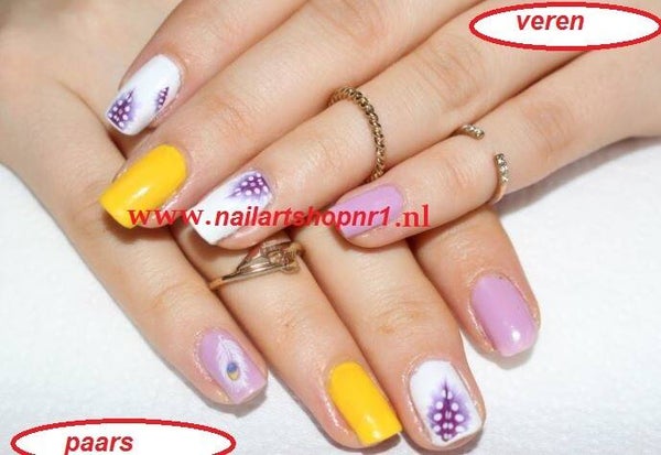 waterdecals veren in paars of geel (52)