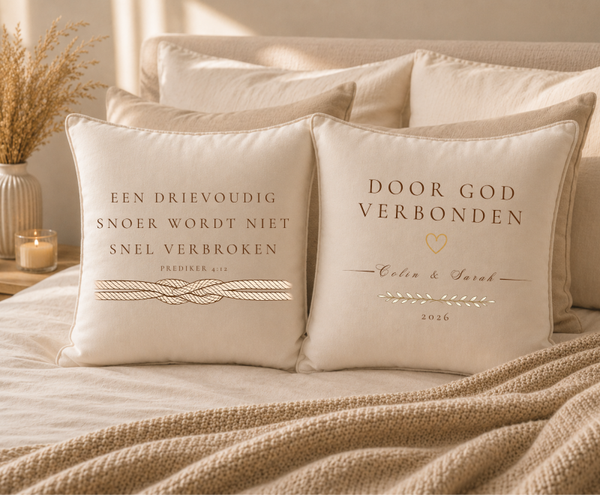 Drievoudig Snoer | Door God Verbonden – Christelijke Huwelijkskussenset
