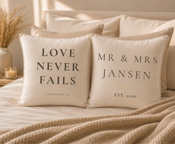 Love Never Fails – Christelijke Huwelijkskussen Set