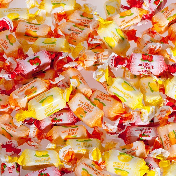 De Bron Fruitjuice Toffee Sugarfree per 100 gram