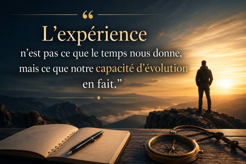 Illustration symbolique d'une personne contemplant l'horizon depuis une falaise au lever du soleil, représentant l'expérience, l'évolution et la capacité d'adaptation, accompagnée d'une citation philosophique sur la véritable valeur de l'expérience.