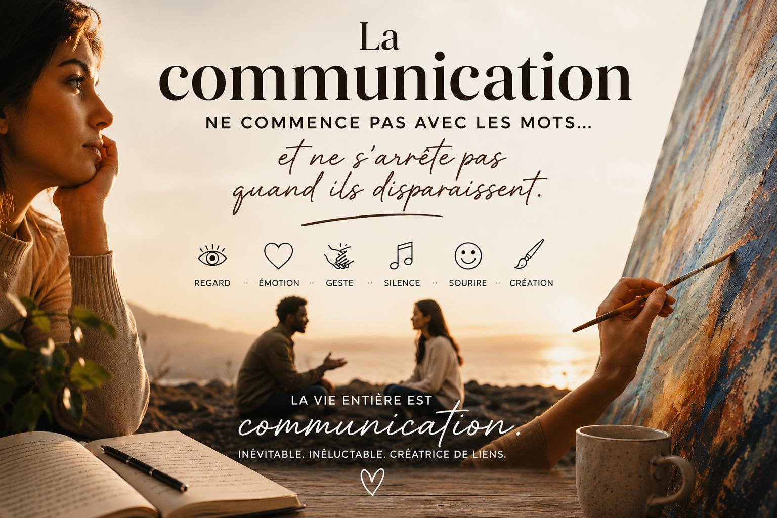 Illustration sur la communication verbale et non verbale montrant une femme en réflexion, un couple en échange et une artiste peignant, symbole des différentes formes de communication humaine.