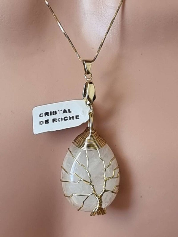 Collier chaîne dorée, pendentif Cristal de Roche