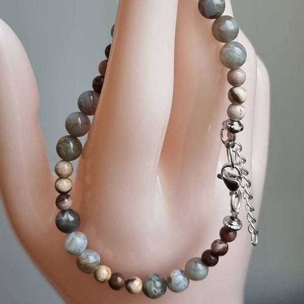 Bracelet  pierre ágates  feuille, crochet argent