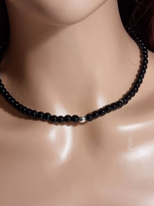 Collier Pierre Onix noire, séparateur en argent