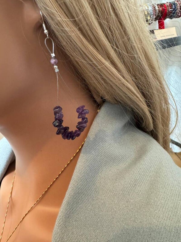 Boucles pendentif avec pierre chips  améthystes ,décoré en pierre rubis