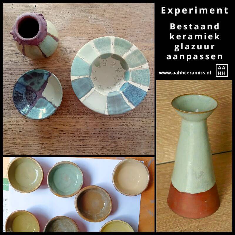 Startfoto bij blogpost Experiment: bestaand keramiekglazuur aanpassen, met daarop 2 foto's van glazuurproefjes en 1 foto van een kandelaar met een nieuwe glazuurvariantfj