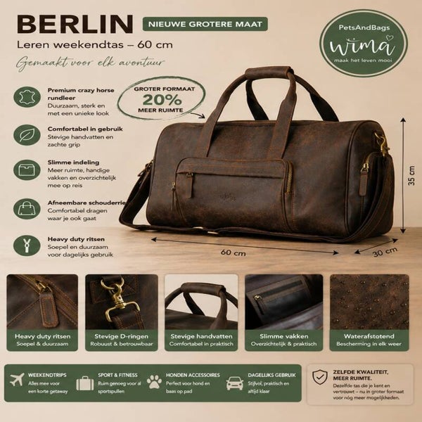 NIEUW - Berlin leren weekendtas – XL - handgemaakt Crazy Horse rundleer – 60cm –  PetsAndBags -