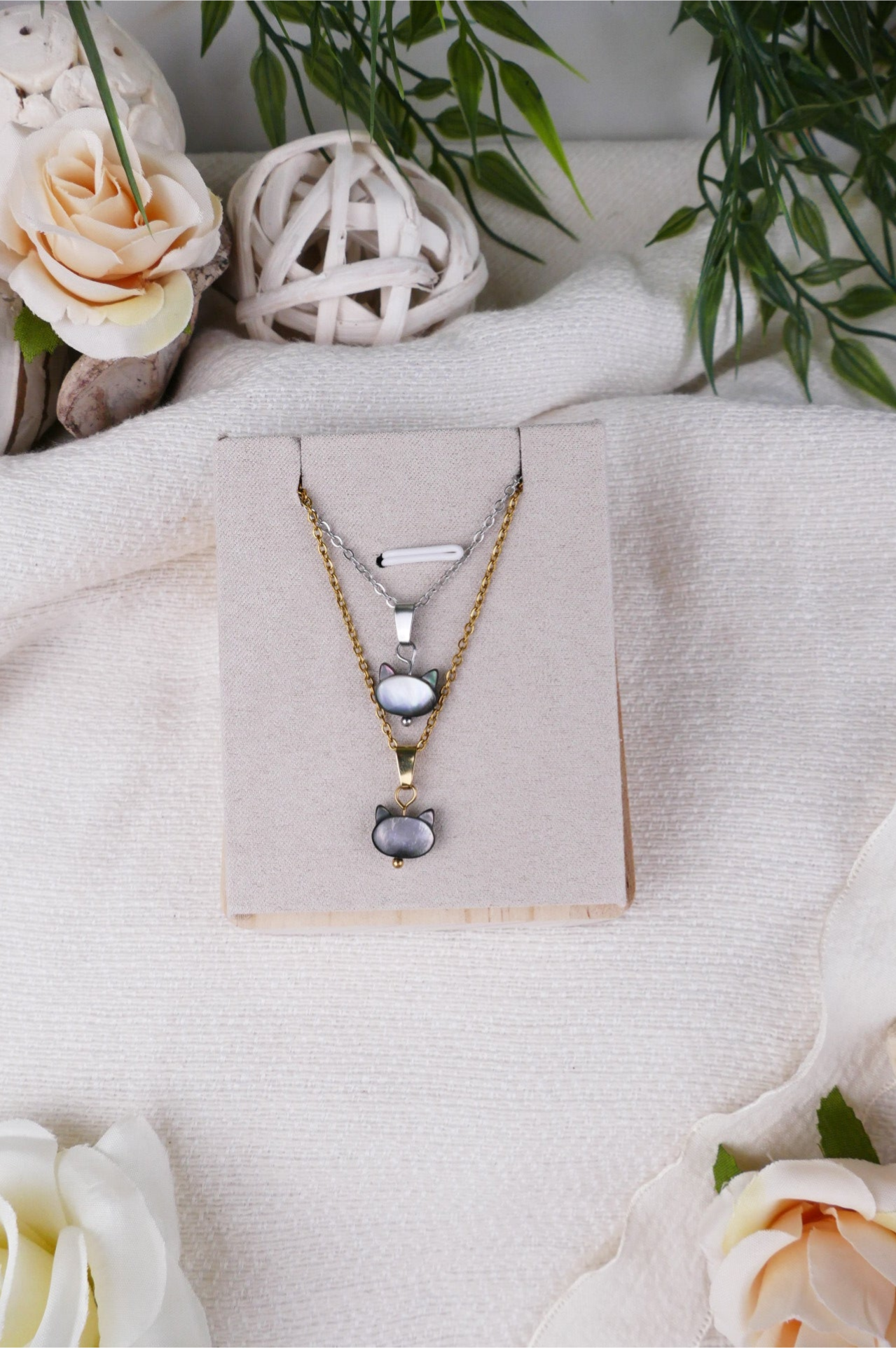 Süßwasserperlen Kette Katzenkopf schwarz gold/silber