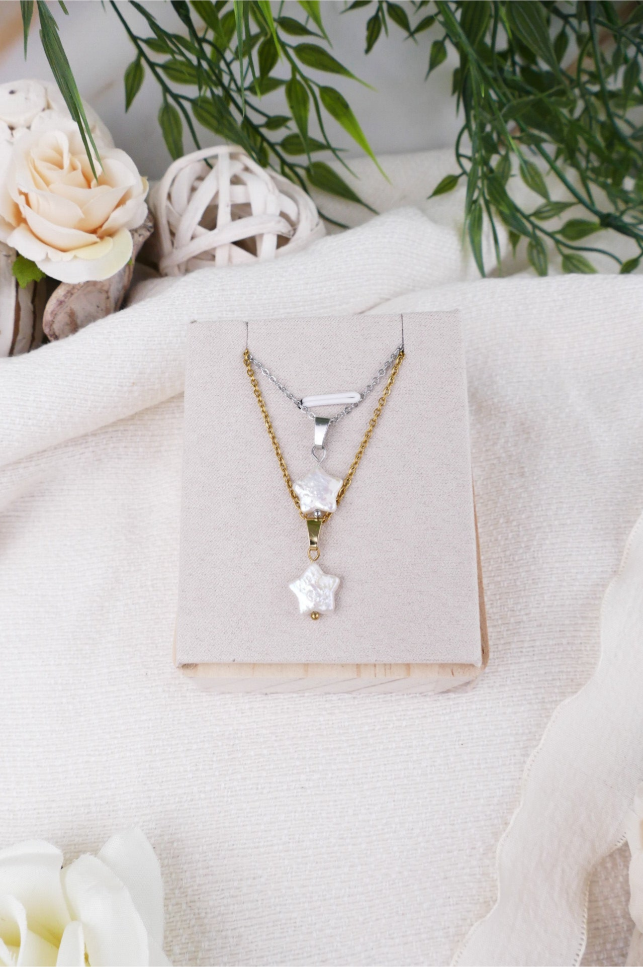 Süßwasserperlen Kette Stern gold/silber