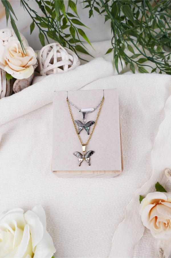 Süßwasserperlen Kette Schmetterling dunkel gold/silber