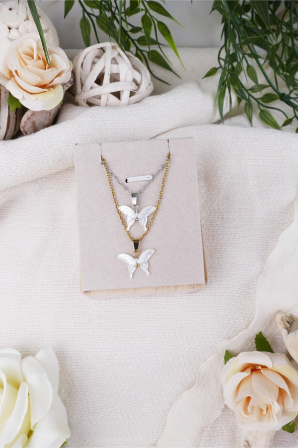 Süßwasserperlen Kette Schmetterling weiß gold/silber