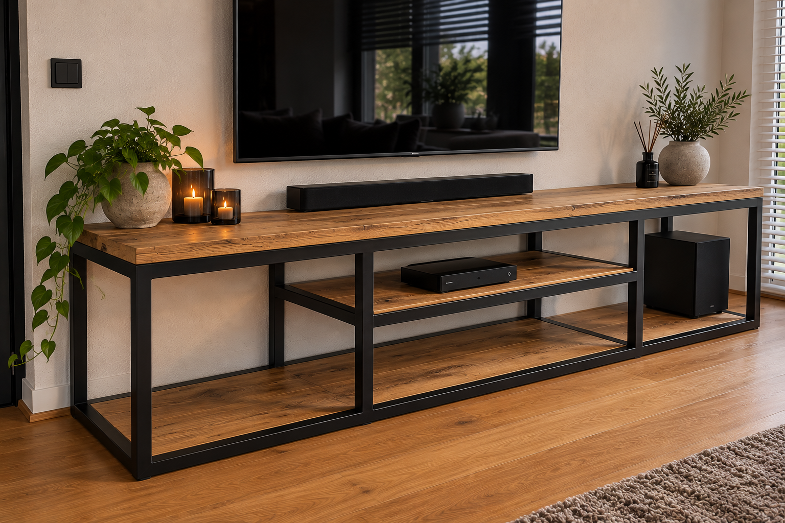 Industrieel stalen tv meubel met houten kasten